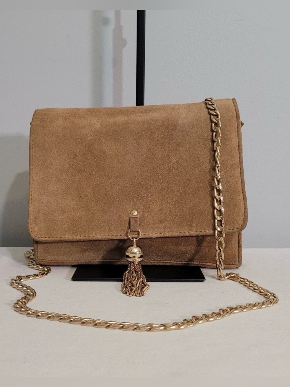 Esmara By Heidi Klum Genuine Suede Crossbody Bag Tan Flap Tassel Gold Chain